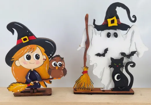 Kranzfiguren Halloween Hexe mit Eule auf Besen Gespenst Halloweenfiguren