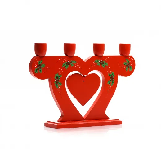 Skandinavisk Hemslöjd 4-flammiger Adventsleuchter rotes Herz Preiselbeeren handbemalt 19,5 x 29 cm