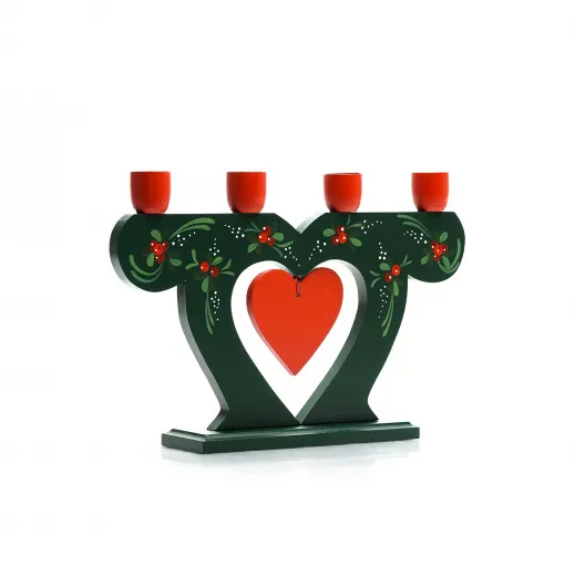 Skandinavisk Hemslöjd 4-flammiger Adventsleuchter grün mit rotem Herz Preiselbeeren 19,5 x 29 cm