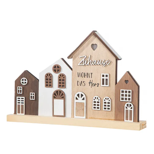 Gilde Standrelief LED Haus Zuhause 5 x 31 x 21 cm Holz Häuserreihe grau braun weiß