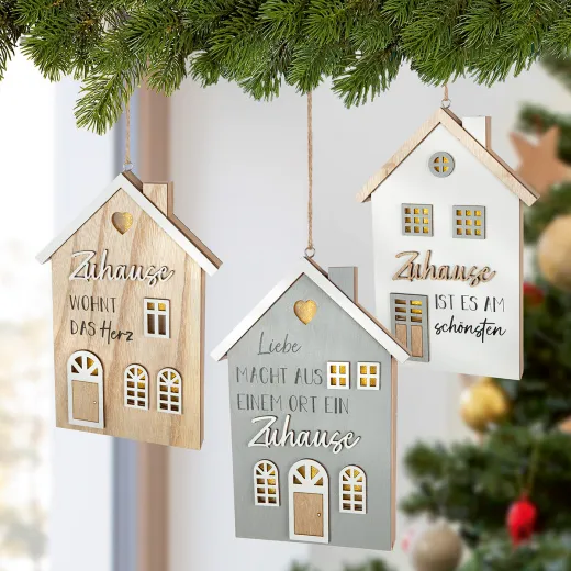 Gilde Hänger LED Haus 'Zuhause' mit Sprüchen grau naturfarben weiß 2,5 x 16 x 23 cm