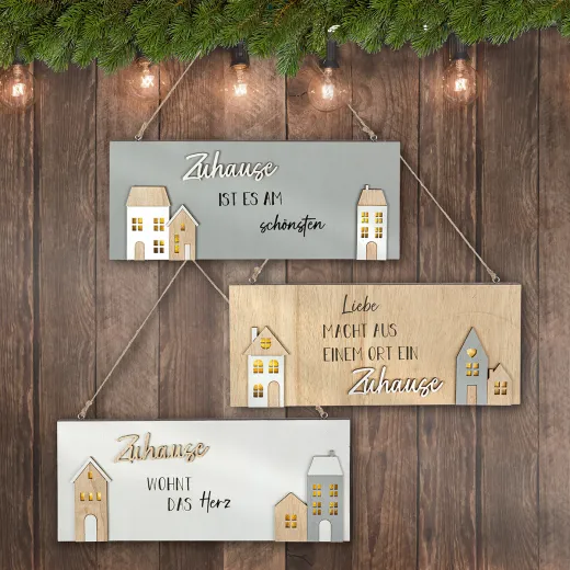 Gilde Hänger LED Schild 'Zuhause' mit Sprüchen grau naturfarben weiß 3 x 28 x 11.5 cm