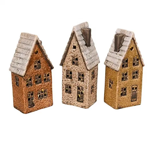 Steinzeug Haus mit LED H 14,5-16 cm braun weiss 3 Modelle Herbst Winter Deko