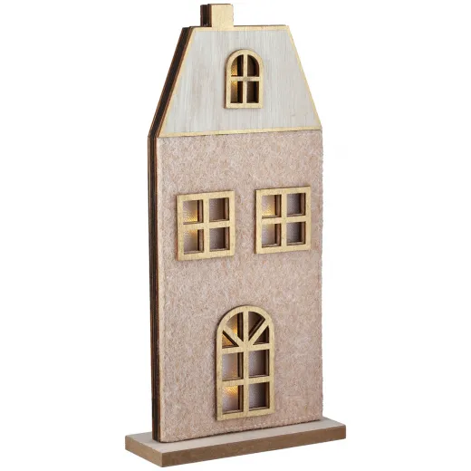 Gilde Standrelief LED Holz Haus beige zartrosa H 27,5 cm