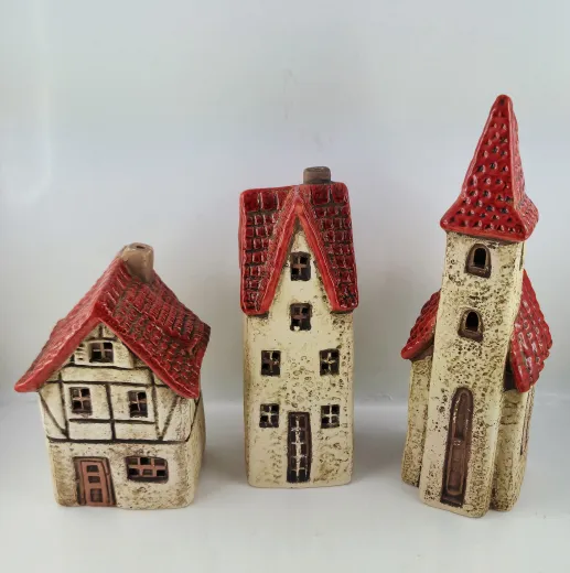 Steinzeug Fachwerk- Haus mit LED 8x7xH12cm rot-braun