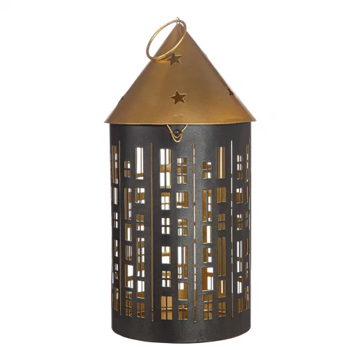 Gilde Laterne Haus rund 'Rondo' Stern Motiv schwarz goldfarben H 19/30 cm Weihnachtsdekoration