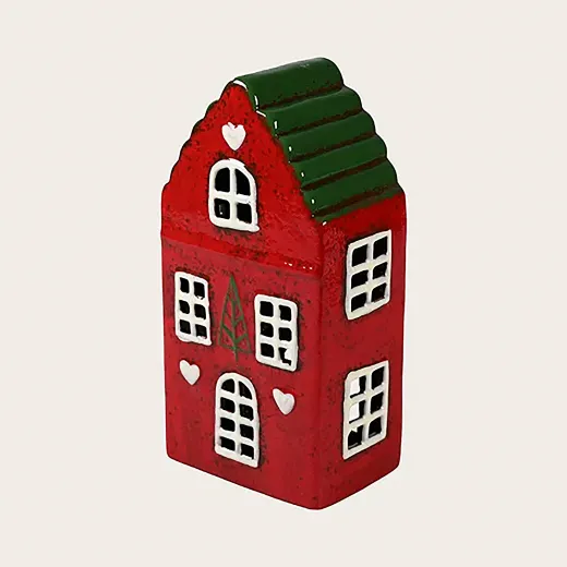 Det Gamle Apotek großes, dänisches Keramikhaus rot grün für Teelichter H 22 cm