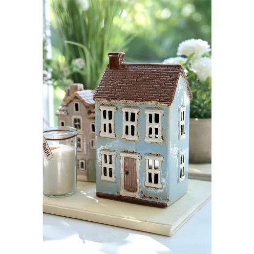 Det Gamle Apotek Keramikhaus für Teelichter hellblau creme H 22 cm