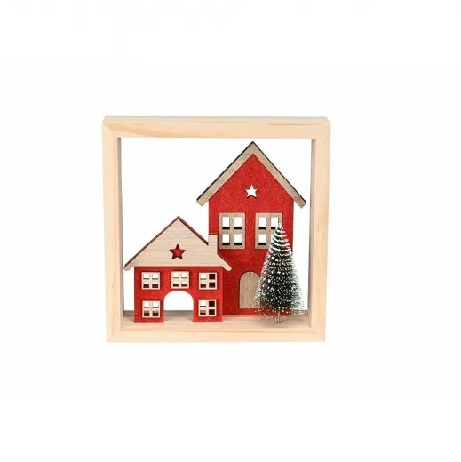 Weihnachts-Holzhäuser rot im Kieferholz Rahmen mit Tanne 18x5xH18cm Weihnachts-Holzhäuser rot im Kieferholz Rahmen mit Tanne 18x5xH18cm