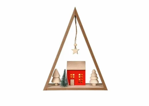 Baum Rahmen mit LED Haus Tannen Stern rot natur H 28cm Weihnachtsdeko