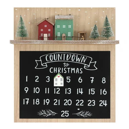 Holz Adventskalender mit Holzhäuschen Holzstapel Schneetannen H 32 cm Holz Adventskalender mit Holzhäuschen Holzstapel Schneetannen H 32 cm