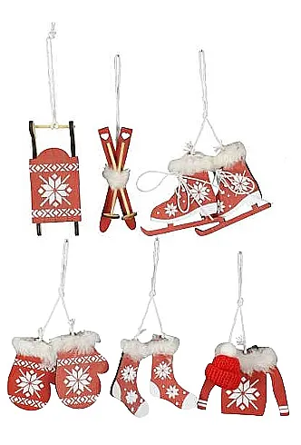 Weihnachtshänger Dekoset 6-teilig rot weiß Ski Schlitten Mütze Handschuhe Pulli Schlittschuhe H 6-10 cm