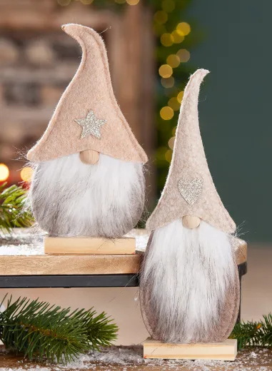 Gilde Standrelief Wichtel Paar Elvin Filz grau hellbraun glitzernd Stern Herz H 10 cm