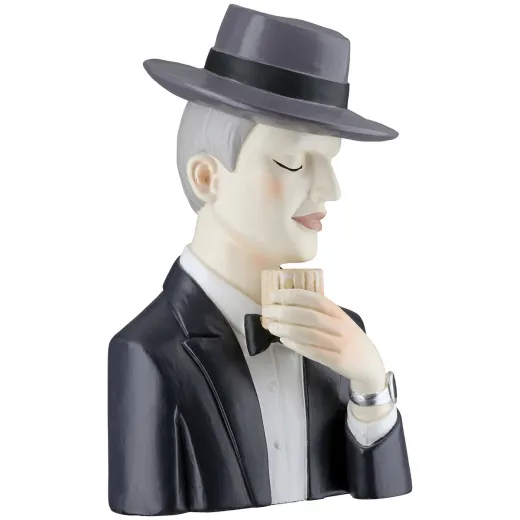 Gilde kleine Figur Mann Gentleman mit Wiskyglas Poly, grau schwarz, H 19 cm Männerkopf