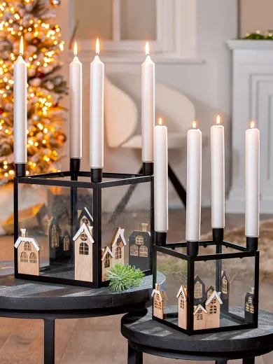 Gilde Adventsleuchter quadratisch 'Winterschnee' schwarz Winterhäuser H 42 cm