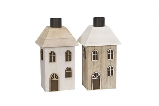 Kerzenhalter Haus mit Fenster und Tür H 15 cm dunkelbeige weiß, 2 Farbvarianten