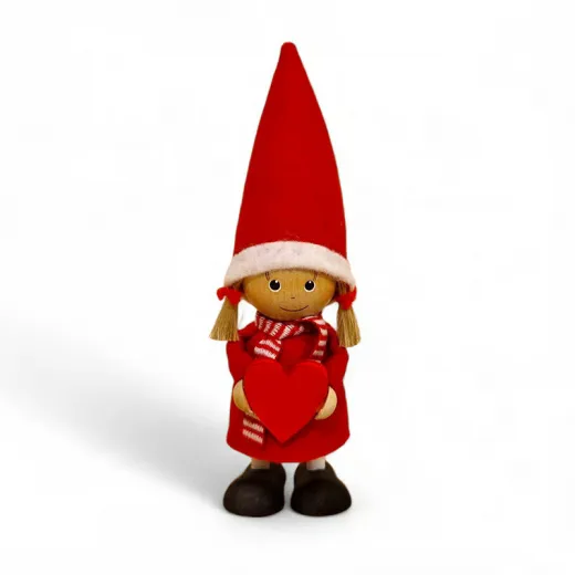 Schwedisches Wichtel Mädchen mit Herz und Streifenschal, rot/weiß h 15 cm Schwedisches Wichtel Mädchen mit Herz und Streifenschal, rot/weiß h 15 cm