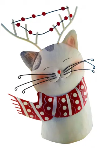 Süße Eisen Weihnachts - Katze weiß mit mit rote weißem Schal