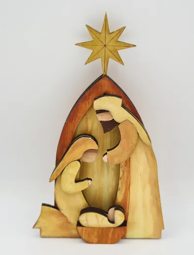 Kranzfigur Holz Krippe mit goldenem Stern Maria Josef Jesus braun gold H 14 cm handbemalt