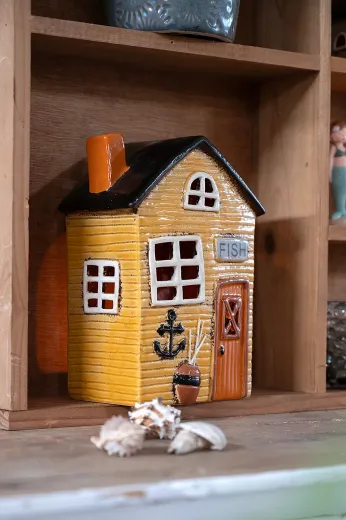 Det Gamle Apotek maritimes Keramikhaus für Teelicht Schild Fisch gelb H 21,5 cm