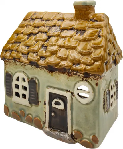 Det Gamle Apotek Keramikhaus mit Treppe Baum Fachwerk gelbbeige H 24,5 cm