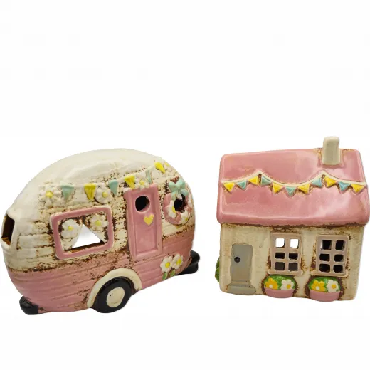 Keramikhaus Windlicht rosa Dach mit Wimpelkette, Keramikwohnwagen