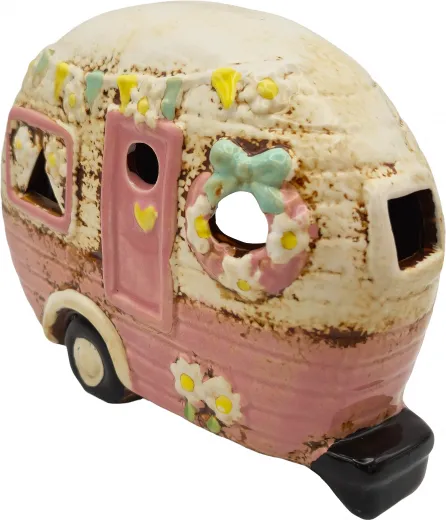 Keramik Wohnwagen für 1 Teelicht mit Wimpelkette, Blumen rosa weiß H 14 cm