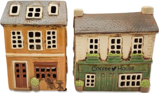 Det Gamle Keramik Haus mit Tisch Stuhl Teelichthaus gelb beige H 17cm