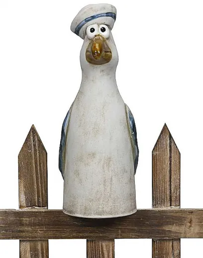 1 Zaunfigur Möwe mit Matrosenhut weiß blau - maritime Gartendekoration