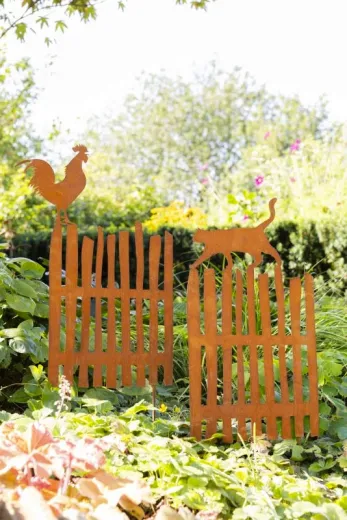 Rost Zaun zum Stecken mit Hahn oder Katze h 46/48 cm Garten Deko rost