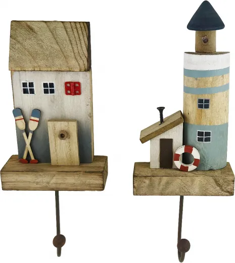 2er Set maritime Garderobe Haken mit Häusern und Leuchtturm H 22,5/25 cm 2er Set maritime Garderobe Haken mit Häusern und Leuchtturm H 22,5/25 cm