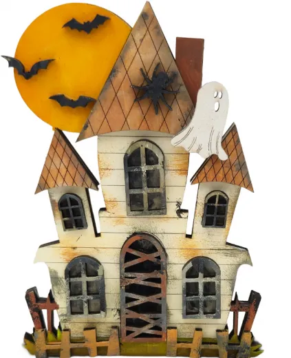 Halloween Gespensterhaus Spukhaus mit Gespenst Mond Fledermäusen h 12 cm beige braun