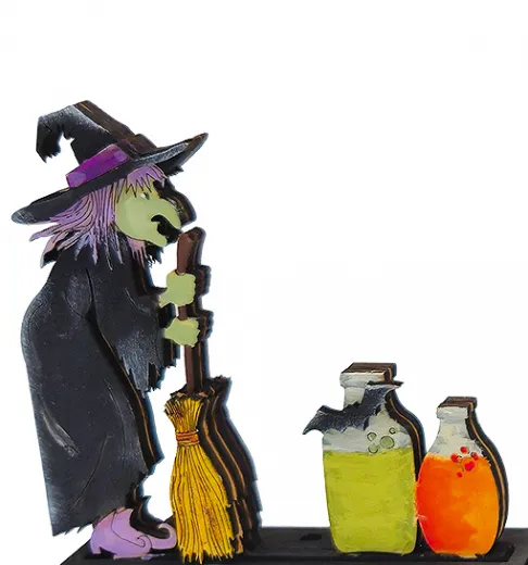 Halloween Kranzfigur Hexe mit Besen, Giftflaschen Fledermaus H 9 cm schwarz Halloween Kranzfigur Hexe mit Besen, Giftflaschen Fledermaus H 9 cm schwarz