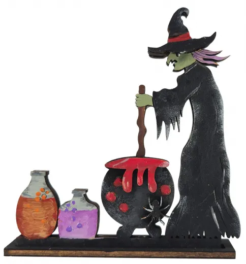 Halloween Kranzfigur Hexe mit Hexenkessel Giftflaschen Spinne H 9 cm schwarz rot Halloween Kranzfigur Hexe mit Hexenkessel Giftflaschen Spinne H 9 cm schwarz rot