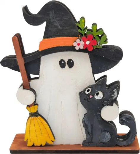 Kranzfigur Halloween Gespenst Hexenhut Katze Besen weiß schwarz h 8 cm Steckfigur Sebastian Holzkranz