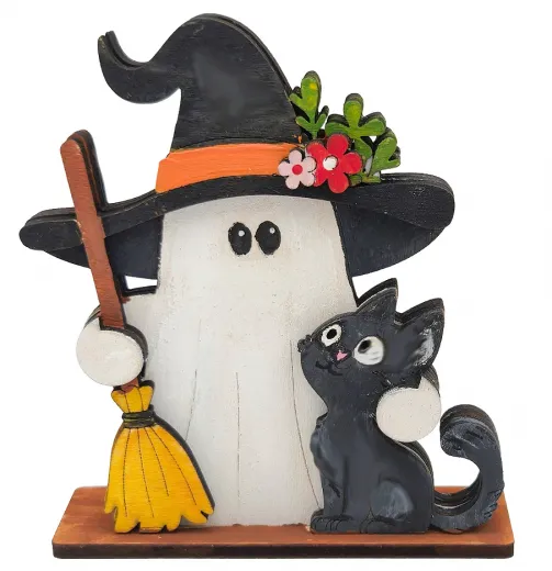 Kranzfigur Halloween Gespenst Hexenhut Katze weiß schwarz h 8 cm Steck