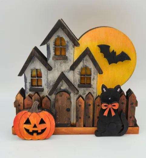 Kranzfigur Halloween Haus Katze Mond Fledermaus h 8 cm schwarz gelb braun