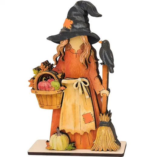 Kranzfigur Halloween Hexe Rabe Besen Apfelkorb Schürze schwarzer Hut h 12 cm orange schwarz