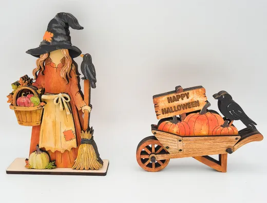 Kranzfigur Herbst Handkarre Kürbisse, Rabe Holzschild h 7 cm Herbst Dekoration braun orange schwarz