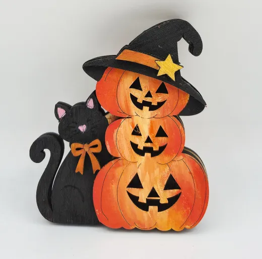Kranzfigur Halloween Kürbis Pyramide Hexenhut Katze schwarz orange h 8 cm handbemalt