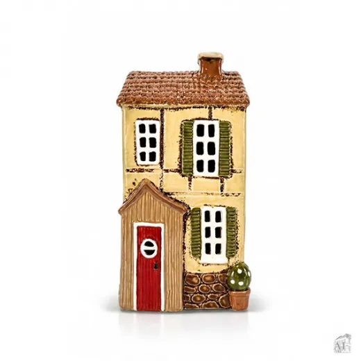 Det Gamle Apotek – Gelbes Keramik-Teelichthaus mit braunem Dach und roter Tür, H 25,5 cm