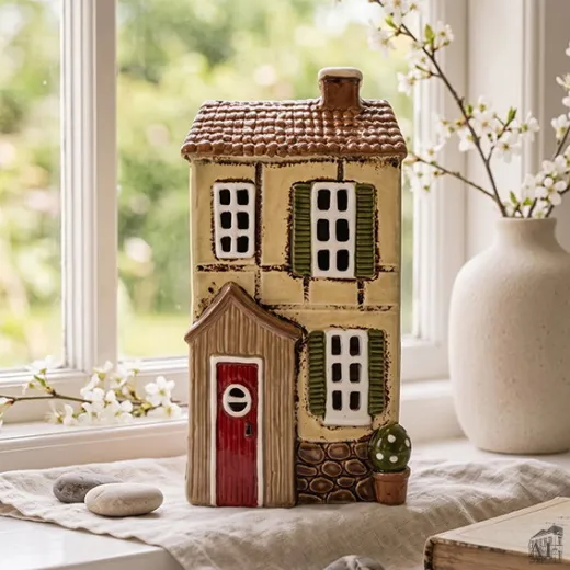 Gelbes Keramik-Teelichthaus von Det Gamle Apotek mit braunem Dach und roter Tür, Höhe 25,5 cm