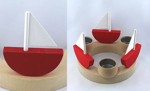 Steckfigur Holz Boot, Segelschiff rot weiß für Sebastian Holzkränze