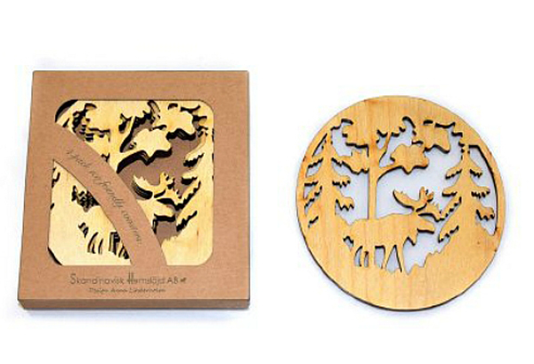 Schwedische Glasunterlagen Elch im Wald, 4er Pack, laser cut