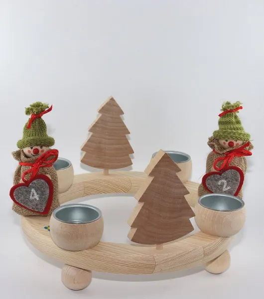 Schwedischer Teelichterkranz natur, Steckfiguren Adventskalender Wichtel, Tannen natur