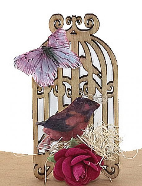 Vintage Kranzstecker Vogelkäfig mit Vogel u. Schmetterling, H 5 cm Vintage Kranzstecker Vogelkäfig mit Vogel u. Schmetterling, H 5 cm