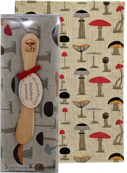 Geschenkset, schwedisch, Holz Buttermesser mit Geschirrtuch, Pilze, Skandinavisk Hemslöjd