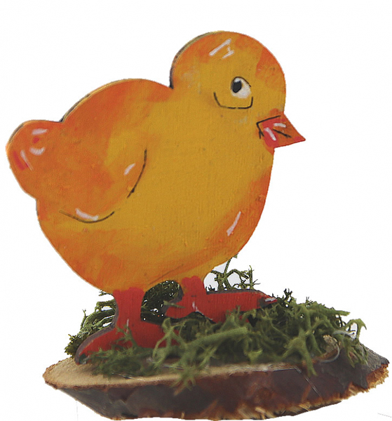Küken gelb auf Holzscheibe mit Moos, laser-cut, H 6 cm