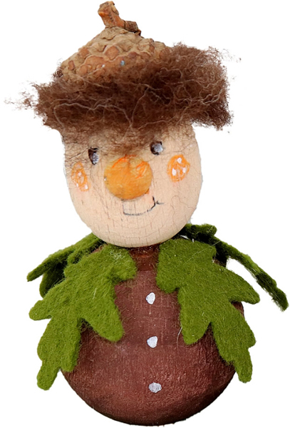 Herbstwichtel Eichelwichtel braun mit grünem Blätter Kragen, Eichelhut, H 11 cm