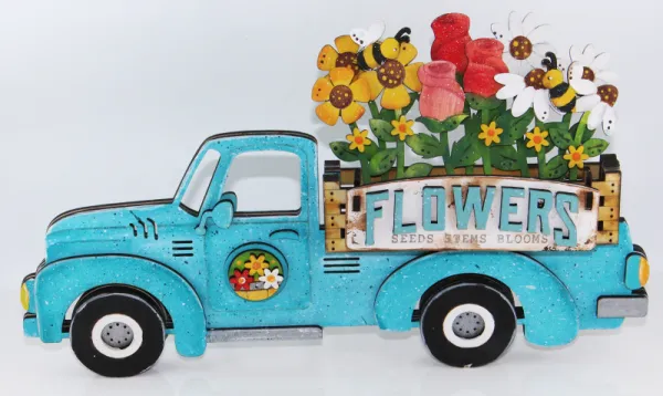 Holz Pickup Truck mit Blumen, Flowers Wimpeln, austauschbares Türschild
